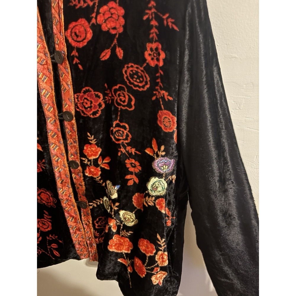 Women's Black Crushed Velvet Velour Embroidered Beaded Floral Boho Shacket Large - Picture 5 of 13